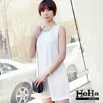洋裝 珍珠圓領修身顯瘦連身裙 二色-HeHa-XL(白色)