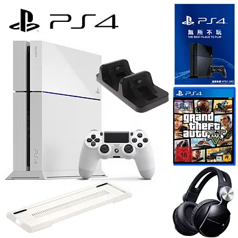 PS4 500G 單機-冰河白+SONY0086耳機+12個月會籍-專加碼送遊戲任選*1俠盜獵車手