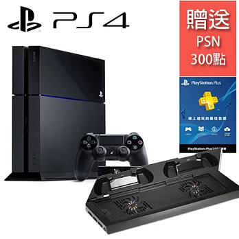 PS4 500G 攝影機同捆+副廠直立架含雙手把坐充及散熱風扇CECH 1007型 (KHPS4）+12個月會籍-專+送PSN300點豪華直立架黑