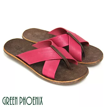 ◤Green Phoenix◥酷暑經典寬版交叉全真皮夾腳平底拖鞋35桃紅