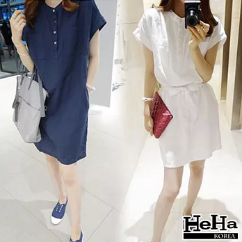 洋裝 棉麻短袖襯衫式長版連身裙 二色-HeHa-L(藏青)