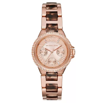 Michael Kors 歐式古典三眼晶鑽腕錶-玫瑰金x玳瑁