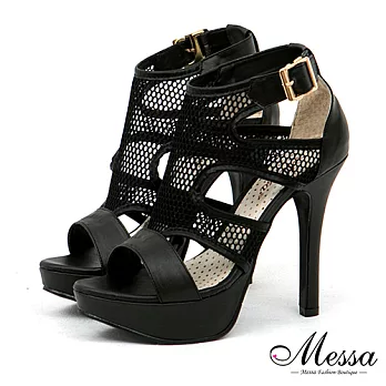 【Messa米莎專櫃女鞋】MIT 名媛風魅惑性感網紗扣環內真皮高跟鞋-兩色35黑色