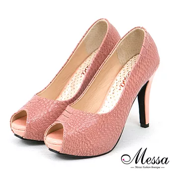 【Messa米莎專櫃女鞋】MIT 珍‧西蒙斯復古巨星丰采仿鱷紋內真皮魚口高跟鞋 -兩色35粉紅色