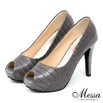 【Messa米莎專櫃女鞋】MIT 珍‧西蒙斯復古巨星丰采仿鱷紋內真皮魚口高跟鞋 -兩色35灰色