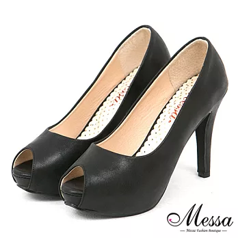 【Messa米莎專櫃女鞋】MIT 時空戀人仿舊金屬光澤內真皮魚口高跟鞋-三色35黑色