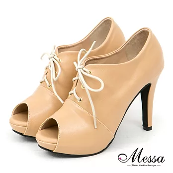 【Messa米莎專櫃女鞋】MIT 古著時刻經典綁帶魚口高跟踝靴-三色35卡其色