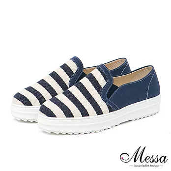【Messa米莎專櫃女鞋】MIT 晴夏海軍風橫條紋內真皮厚底懶人鞋-三色36藍色