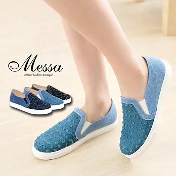【Messa米莎專櫃女鞋】MIT 韓雜誌丹寧款破損風格厚底樂福鞋-三色35藍色
