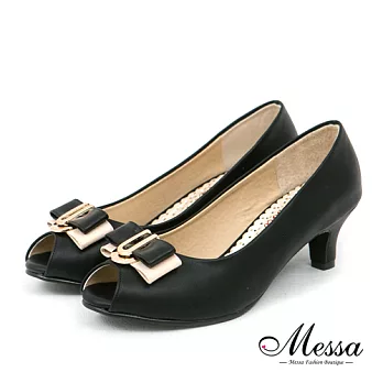 【Messa米莎專櫃女鞋】MIT 愛戀珍藏金屬雙拼色蝴蝶結內真皮魚口低跟鞋-三色35黑色