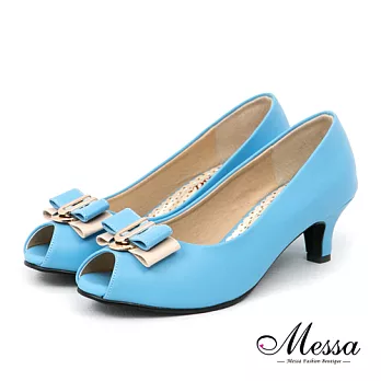 【Messa米莎專櫃女鞋】MIT 愛戀珍藏金屬雙拼色蝴蝶結內真皮魚口低跟鞋-三色35藍色