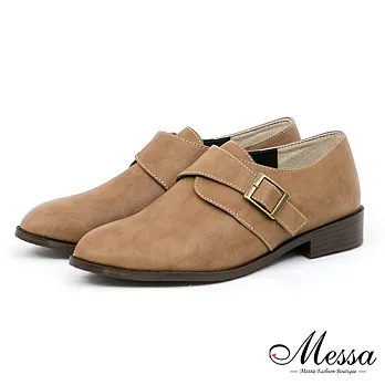 【Messa米莎專櫃女鞋】MIT 俐落感率性側扣內真皮紳士低跟包鞋-二色35棕色