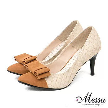 【Messa米莎專櫃女鞋】MIT 典雅品味小香格紋優美撞色內真皮尖頭高跟包鞋-兩色35米色