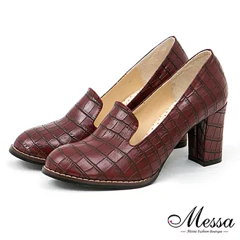 【Messa米莎專櫃女鞋】MIT 南韓中性格調鱷文經典內真皮粗跟包鞋-兩色35酒紅色