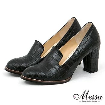 【Messa米莎專櫃女鞋】MIT 南韓中性格調鱷文經典內真皮粗跟包鞋-兩色35黑色