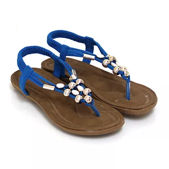 【Pretty】簡約別緻金釦串珠鬆緊帶繫踝涼鞋36藍色