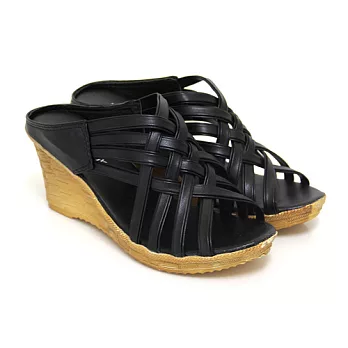 【Pretty】時尚交叉編織露趾楔型拖鞋39黑色