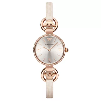 EMPORIO ARMANI 輕盈元素完美時尚晶鑽腕錶-玫瑰金x白色皮帶