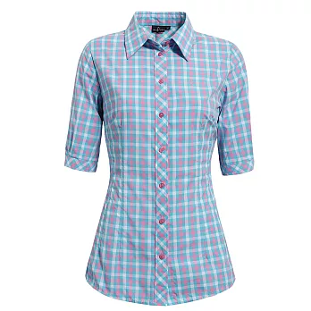 【hilltop山頂鳥】女款SUPPLEX 吸濕快乾短袖襯衫S06F49-S水藍/粉紅格子
