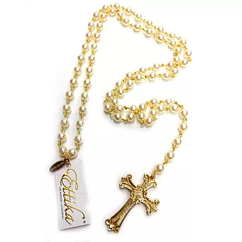 ETTIKA 美國品牌 FAITH 古典雕花十字架 白色珍珠長項鍊 Y字型