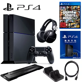 『超值組5』PS4 500G 單機-極致黑+SONY0086耳機+副場黑直立架+高品質HDMI線+DOBE雙手把充電座+加碼送遊戲任選*1