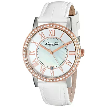 Kenneth Cole 光輝年華時尚氣質腕錶-玫瑰金x白色皮帶
