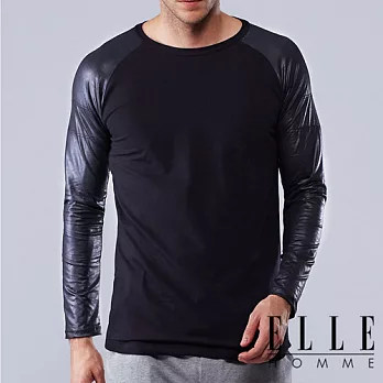 ELLE HOMME皮紋萊卡剪接長袖T恤M黑色