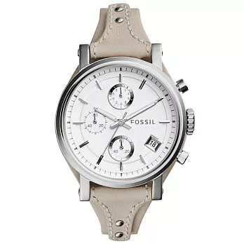 FOSSIL 輕快節奏計時腕錶-銀框x灰白皮帶