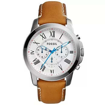 FOSSIL 古典伯爵三環計時腕錶-銀框X咖啡帶