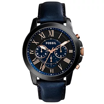 FOSSIL 古典伯爵三環計時腕錶-黑框X藍