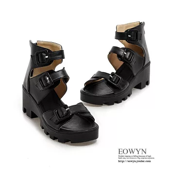 EOWYN.英倫時尚學院風百搭個性釦環後拉鏈羅馬粗跟涼鞋EMD00721-64/3色/34-39碼現貨+預購34黑色