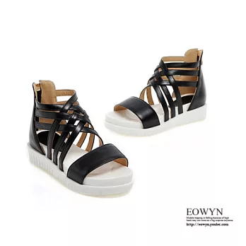 EOWYN.歐美時尚寬版羅馬鏤空編織休閒拉鏈內增高涼鞋EMD00570-74/3色/34-39碼現貨+預購黑色38