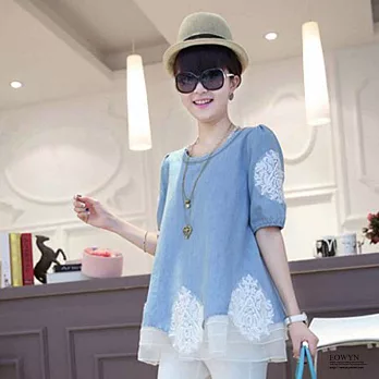EOWYN．新款大量鑲鑽蕾絲假兩件圓領短袖女牛仔套頭連衣裙/藍色/L/M/XL/TL001-L99639-47/1色/現貨+預購M藍色