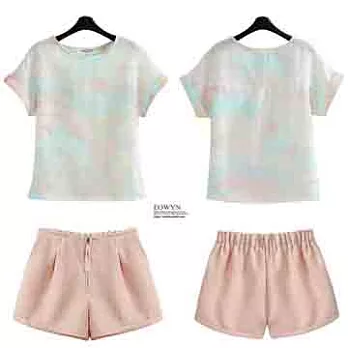 EOWYN．新款2015春夏雙層不定位雲彩渲染短袖T恤休閒短褲兩件套裝女/粉紅色/M/S/TL001-L99700-50/1色/現貨+預購S粉紅色