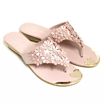 【Pretty】優雅甜美花朵點綴金邊小坡跟楔型拖鞋37粉紅