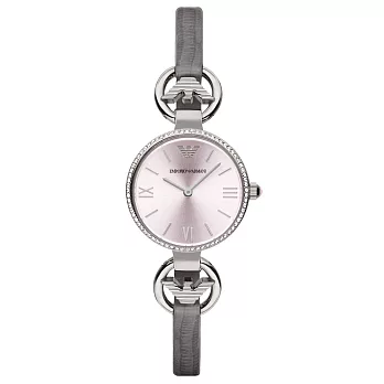 EMPORIO ARMANI 輕盈元素完美時尚晶鑽腕錶-銀框淡粉紫x灰色皮帶