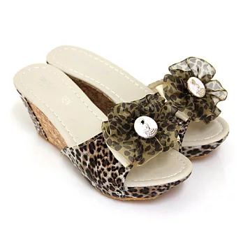 【Pretty】性感豹紋花朵楔型厚底拖鞋37棕色