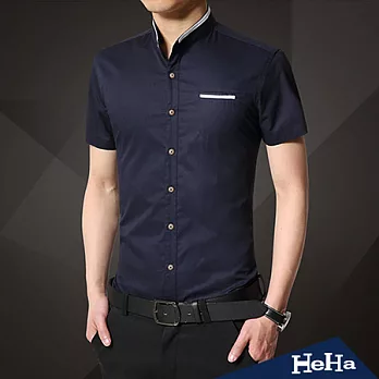 襯衫 純棉時尚拼接立領短袖襯衫 四色-HeHa-2XL（深藍）