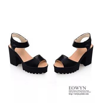 EOWYN．歐美時尚新款顯瘦性感甜美魚嘴魔術貼百搭粗跟涼鞋EMD00807-63/3色/34-39碼現貨+預購黑色38
