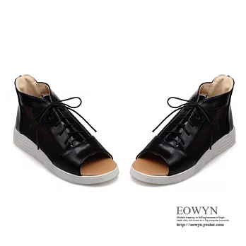 EOWYN．2015時尚新款潮流女鞋綁帶網紗魚嘴舒適平底涼鞋EMD00852-59/4色/34-39碼現貨+預購黑色34