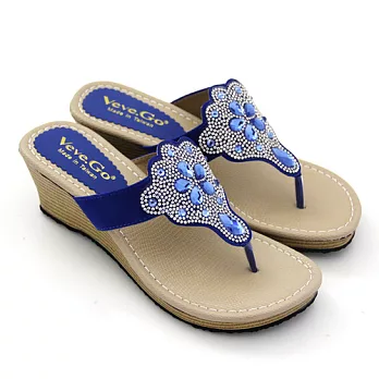 【Pretty】璀璨花漾鑽面楔形厚底拖鞋22.5藍色
