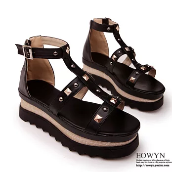 EOWYN．歐美時尚獨特設計新款釦環鉚釘百搭坡跟鬆糕楔形羅馬涼鞋EMD00922-83/3色/34-39碼現貨+預購黑色34