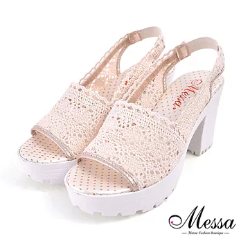 【Messa米莎專櫃女鞋】MIT 沁甜清新編織蕾絲厚底粗跟涼鞋-三色35米色