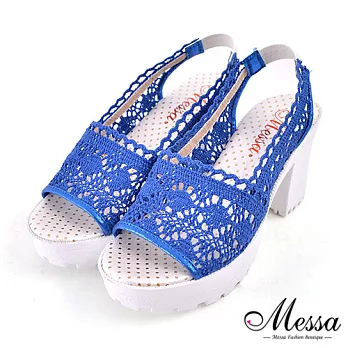 【Messa米莎專櫃女鞋】MIT 沁甜清新編織蕾絲厚底粗跟涼鞋-三色35藍色