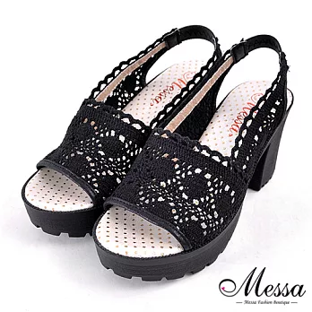 【Messa米莎專櫃女鞋】MIT 沁甜清新編織蕾絲厚底粗跟涼鞋-三色35黑色