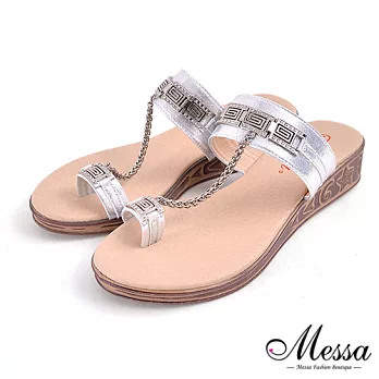 【Messa米莎專櫃女鞋】MIT 異國風造型金鍊一字套指楔型涼拖鞋-三色35銀色
