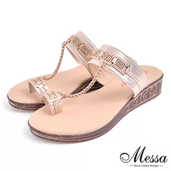 【Messa米莎專櫃女鞋】MIT 異國風造型金鍊一字套指楔型涼拖鞋-三色35金色