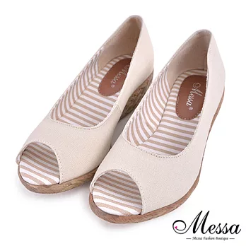 【Messa米莎專櫃女鞋】MIT 仲夏配色條紋內真皮魚口楔型涼鞋-三色35米色