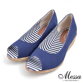【Messa米莎專櫃女鞋】MIT 仲夏配色條紋內真皮魚口楔型涼鞋-三色35藍色