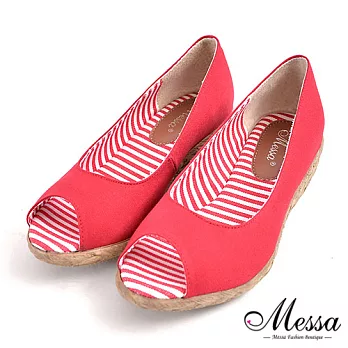 【Messa米莎專櫃女鞋】MIT 仲夏配色條紋內真皮魚口楔型涼鞋-三色35紅色